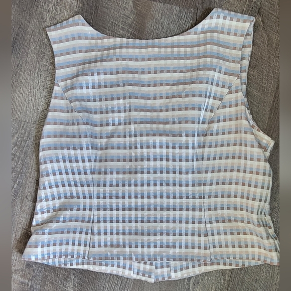 90s Vintg Sleeveless Blouse Women's 16 Tan Cream Blue Plaid Button up Back - Picture 5 of 10